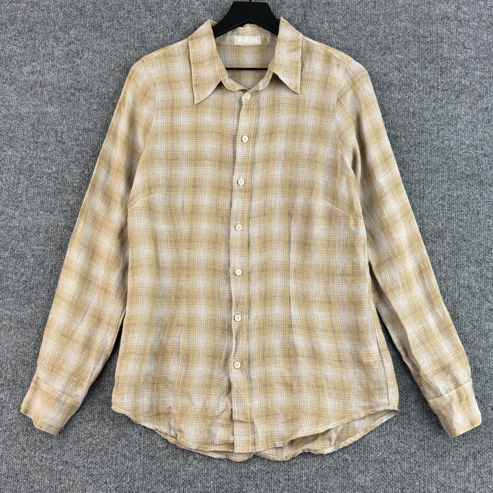 CP Shades Button Down Shirt Womens S Tan Plaid Linen Long Sleeve Made USA
